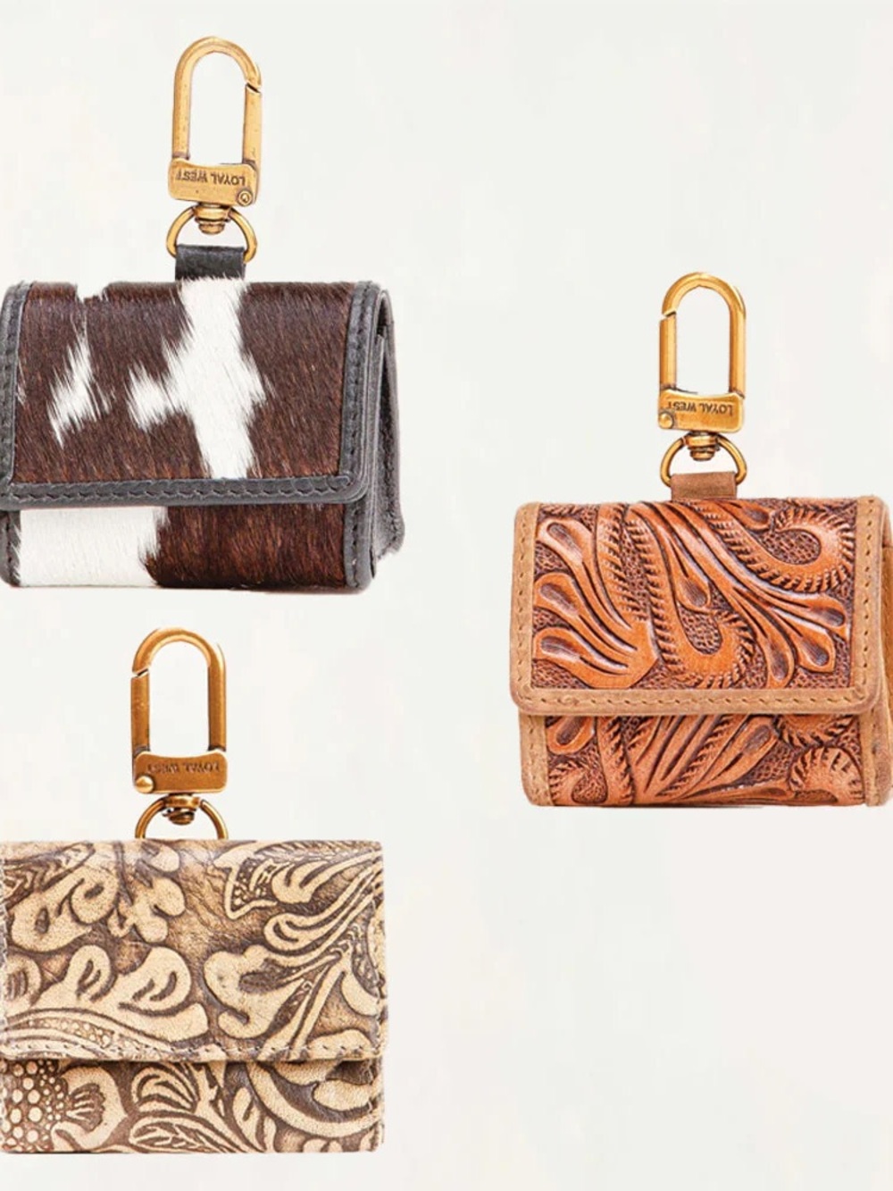 Leather Tooled & Haircalf Keychain Wallets - Brown, Tan, White